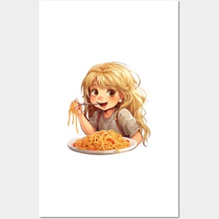 Cute Girl Eating Spaghetti Posters and Art